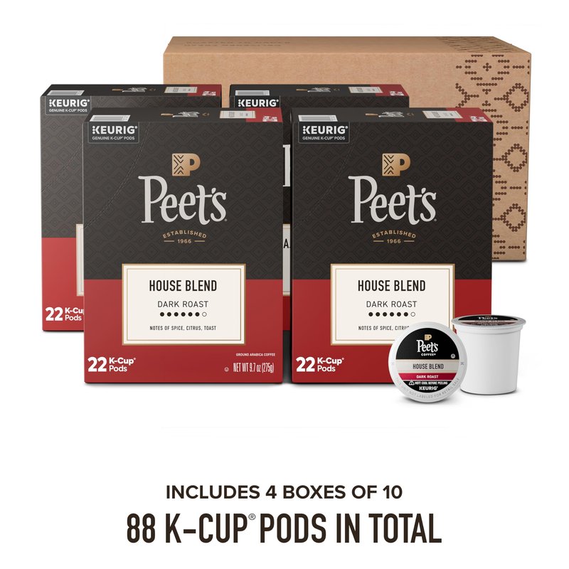 Peet's Coffee, Dark Roast Keurig K-Cup Pods, 100% Arabica Coffee - House Blend 88 Count (4 Boxes of 22 Pods)