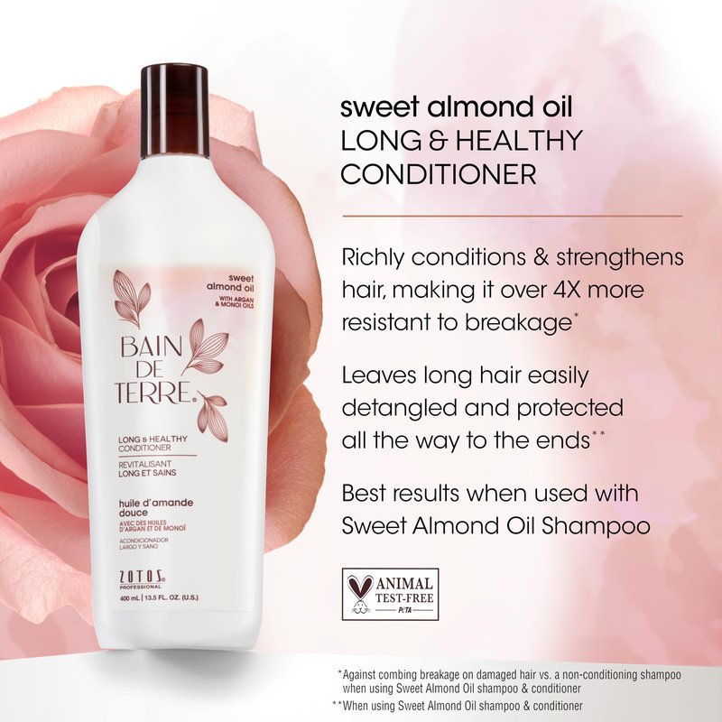 Bain de Terre Sweet Almond Oil Long & Healthy Conditioner, Strength & Protection for Weak, Damaged Hair, with Argan & Monoi Oils, Paraben-Free, Color-Safe, Vegan, 33.8 Fl Oz