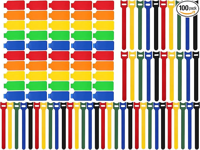TOPNI 100 Pcs Multicolor Write On Cable Labels & Reusable Fastening Cable Ties Set for Cable Management in Home Office