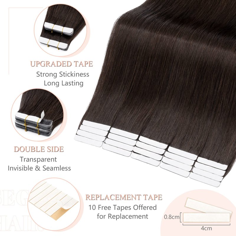 SEGO Tape In Hair Extensions Human Hair, 20pcs 40g 14 Inch Dark Brown Remy Straight Human Hair Tape In Extensions for Women -#02 Dark Brown