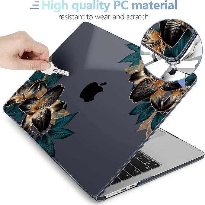 MEEgoodo for M5/M4/M3/M2 MacBook Air 15 inch Case 2026 2025 2024 2023, Case Fit Model (A3448/A3241/A3114/A2941) for MacBook Air 15.3 inch, Golden Lilies