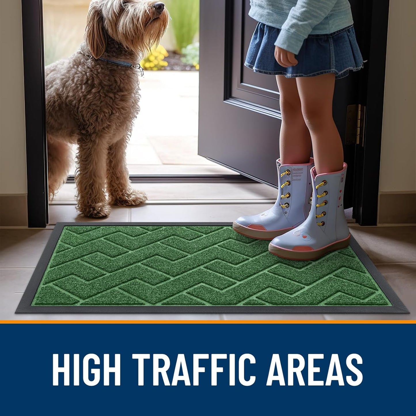 OLANLY Indoor Outdoor Front Door Mat - Waterproof All-Weather Herringbone Design | Easy Clean, 47x17 Inches (Green)