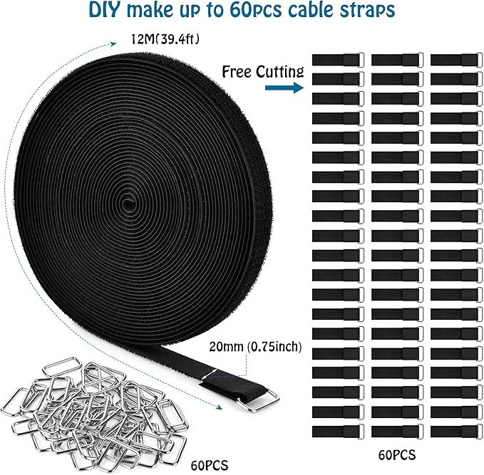 Nettbe 0.75" x39.4ft Hook and Loop Straps with 60 Buckles Adjustable Cut-to-Length Cable Ties - Reusable Nylon Fastening Tape Cable Straps for Storage or Organization (0.75in x 39.4ft)