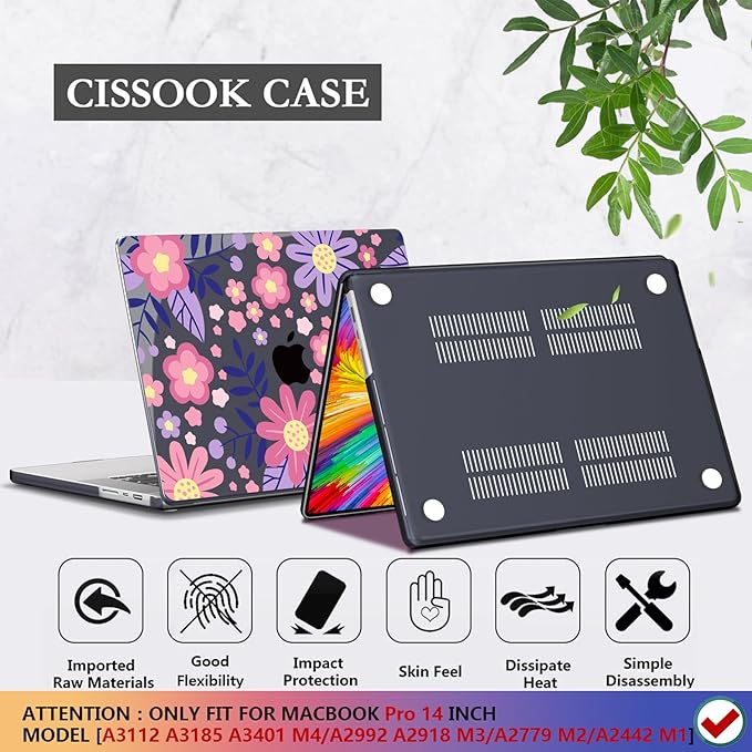 CISSOOK Compatible with MacBook Pro 14 inch 2026-2021 Release M5 M4 M3 M2 M1 Chip A3434 A3427 A3426 A3112 A3185 A3401 A2918 A2992, Hard Shell Case Keyboard Cover Screen Protector, Stylized Flowers