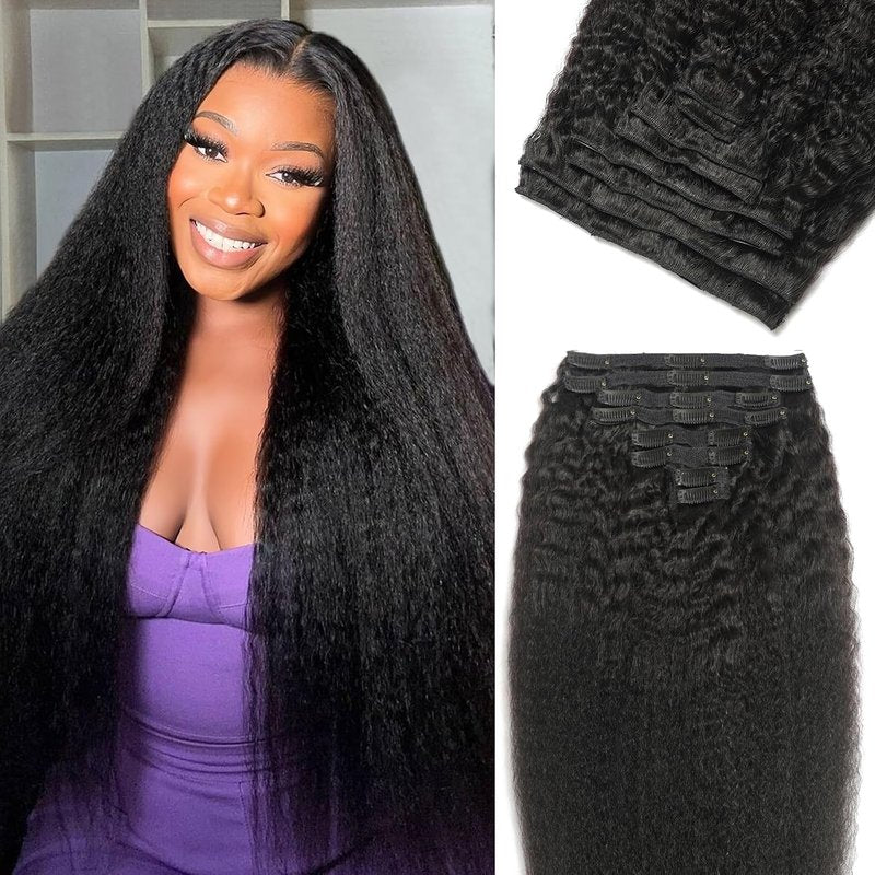 Real Human Hair Clip In Extensions - 20 Inch Kinky Straight, 120g, Full Head, Natural Black