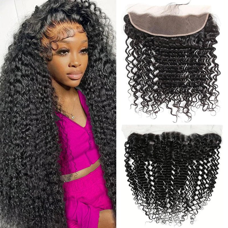Deep Wave 13x4 HD Lace Frontal Human Hair Pre Plucked with Baby Hair Ear to Ear Transparent Lace Closure 100% Virgin Deep Wave Human Hair Frontal 14 Inch
