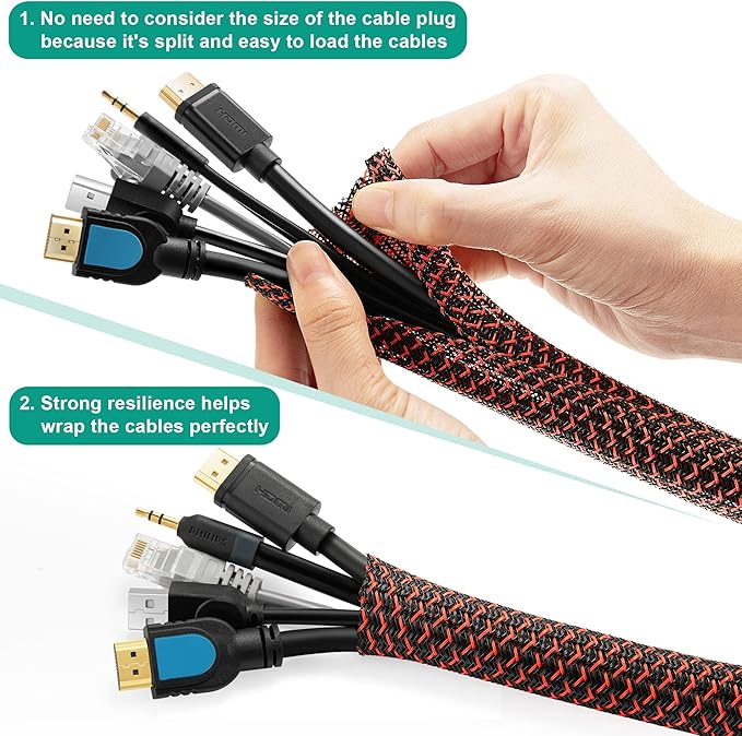ZhiYo Cable Sleeve, 6.6ft - 1/2 inch, Black - Red
