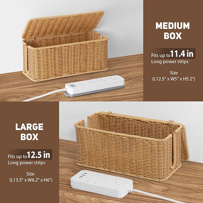 ZhiYo Rattan Cable Management Box, Black Desk Cord Organizer, 2 Pack (M&L)