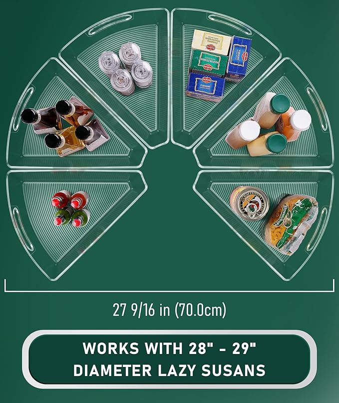 Lazy Susan Cabinet Organizer Bins for 26"/ 28"/ 32" Diameter Corner Organizer, Plastic Cabinet Storage Bin, 1/8 Wedge - Food Safe, BPA Free, with Non-Slip Pads (for 28" Diameter, 6 Pack)
