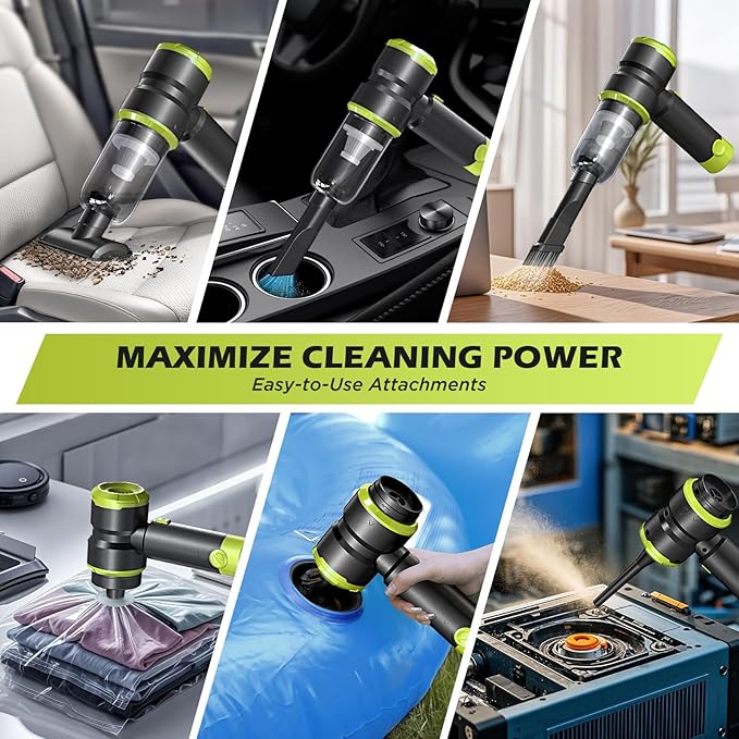 Handheld Car Vacuum Portable Cordless with 2000mAh Battery, 4 in 1 Handheld Vacuum Cleaner and Air Duster ,15000PA Portable Mini Hand Held Vacuum Rechargeable for Home, Car, Office, Pet Hair（Green）