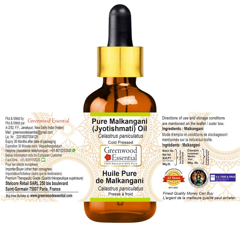 Greenwood Essential Malkangani (Jyotishmati) Oil (Celastrus paniculatus) with Glass Dropper | Cold Pressed | Natural | For Diluting Essential Oils | Skin & Massage | Unisex | 100ml (3.38 oz)