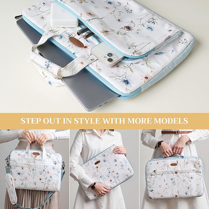 Maison d'Hermine Laptop Bag with Pocket Upto 13.5 inch Stain and Water Repellent Cotton Canvas Spring Summer (Ice Florals)