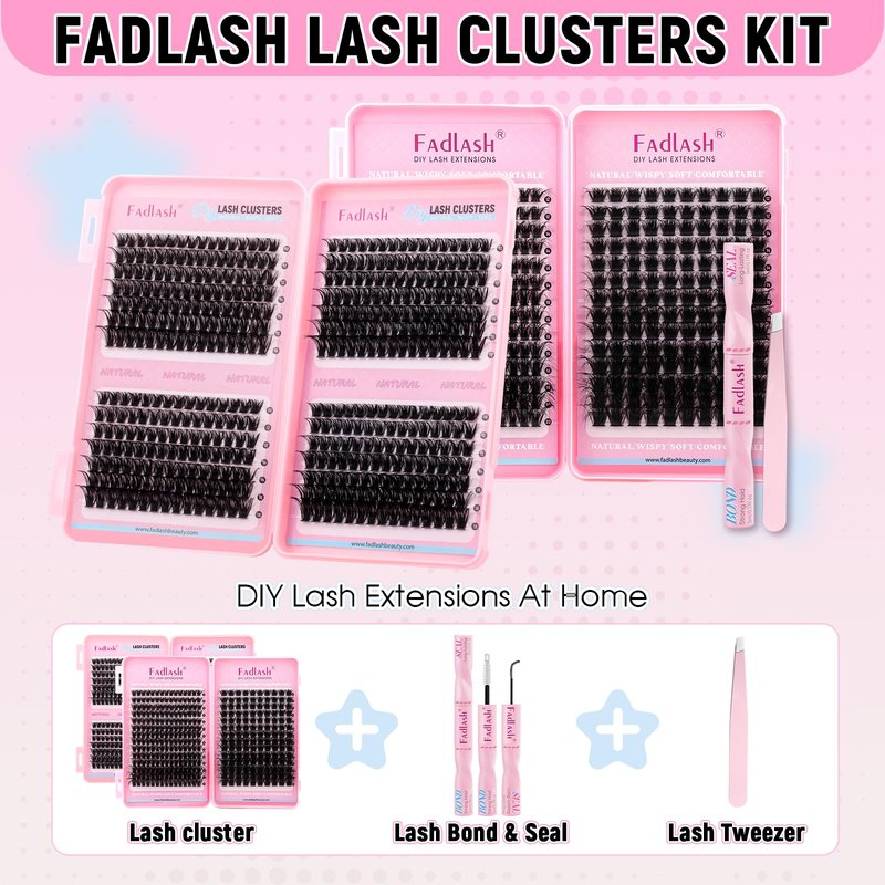 DIY Lash Extension Kit Bulk Packs D Curl Volume Eyelash Clusters Wispy Natural Individual Eyelashes with Lash Bond and Seal, and Lashes Tweezers for Beginners