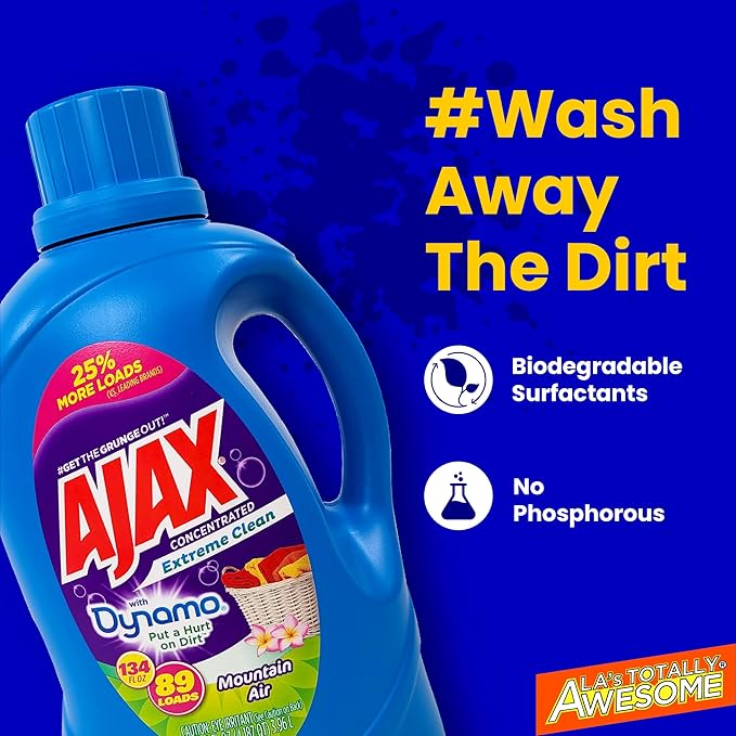 Ajax + Dynamo Mountain Air Laundry Detergent Liquid â Totally Awesome Cleaner with Deep Clean Power, Stain & Odor Remover, HE Compatible, 134oz (Pack of 4), 356 Loads, Fresh Scent