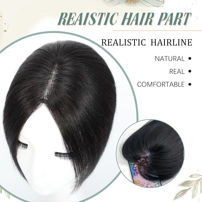 Black Hair Toppers for Women - Real Human Hair 3D Design | No Bangs, 10 Inch for Thinning Hair
