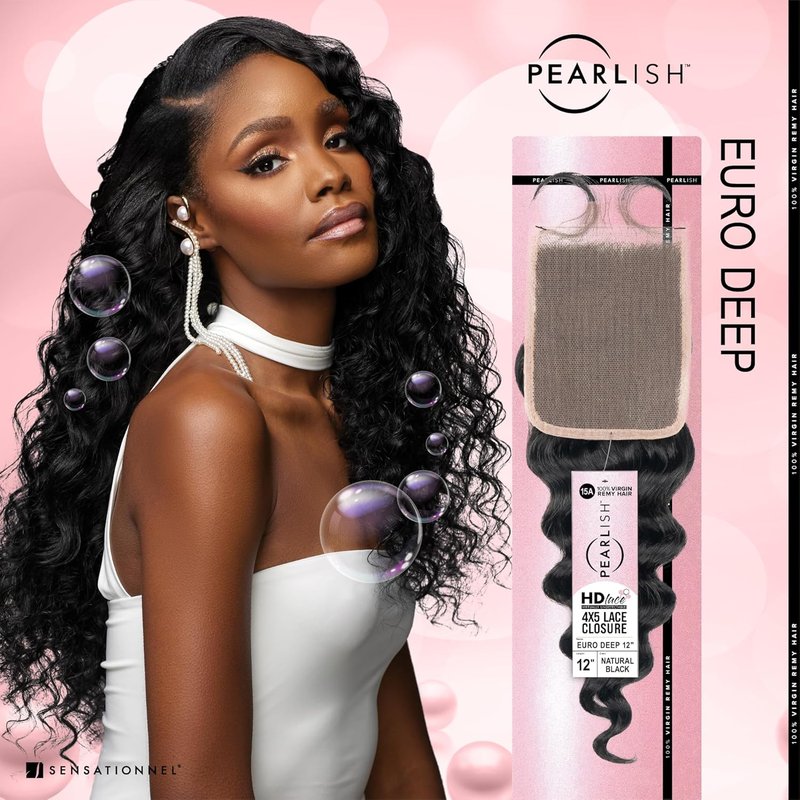 Sensationnel Pearlish Bundle - 4x5 Closure Euro Deep 12 Inch HD Lace Human Hair Weave | Soft Remy Natural Black