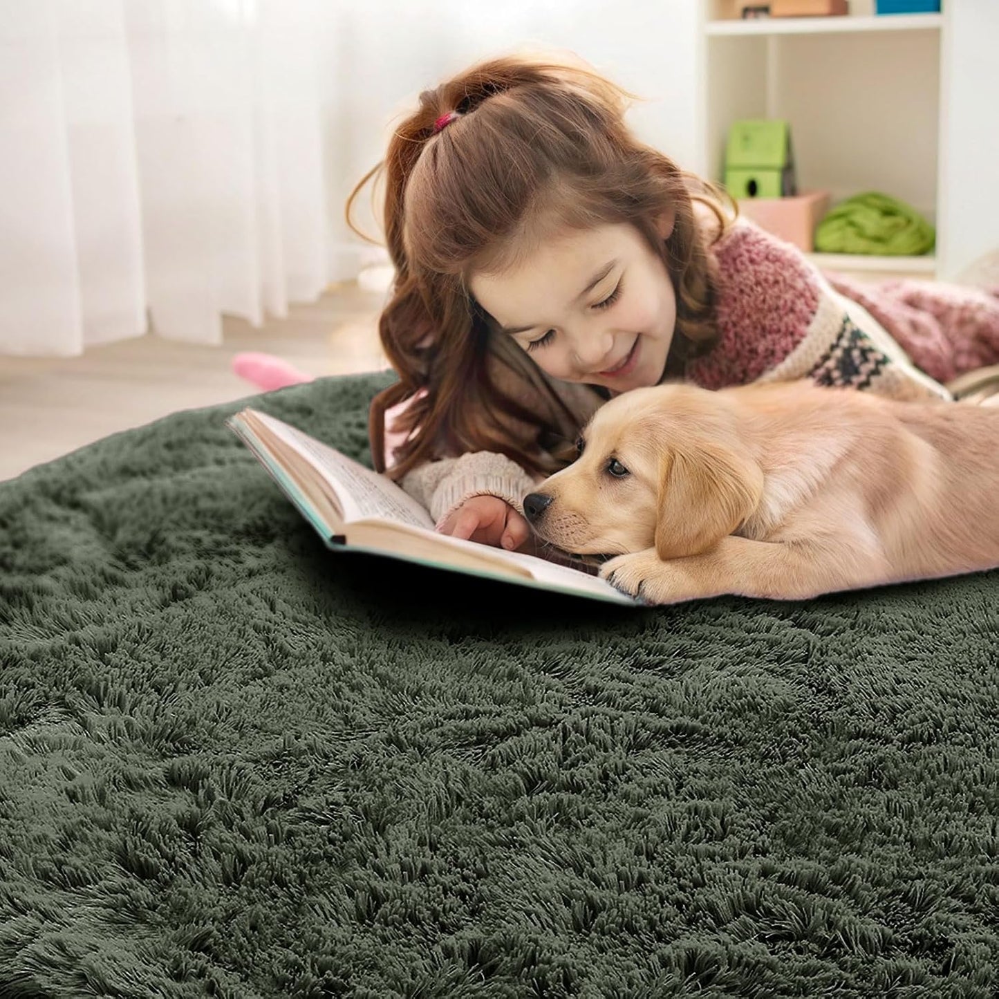 OLANLY Olive Green Round Rug - Soft, Fluffy Shaggy Carpet | 4 ft Machine Washable Area Rug for Bedroom & Living Room Decor