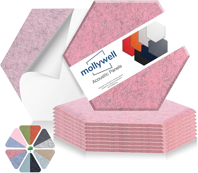 Mollywell Hexagon Acoustic Panels 14x12 - Reduce Echo & Reverb, Noise Blocking Wall Tiles for Bedroom & Dressing Room, Smoky Pink Sound Absorbing Panels