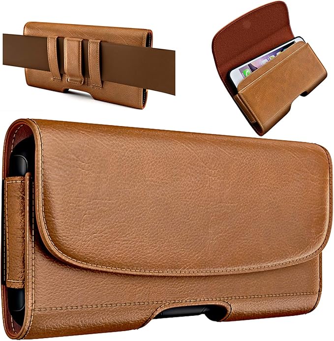 BOMEA Holster for Samsung Galaxy Ultra S25 S24 S23 S22 S21 Note 20, Google Pixel 8 9 Pro XL – Extra Large Cell Phone Belt Holder Case with Clip, ID Card Pouch - Brown