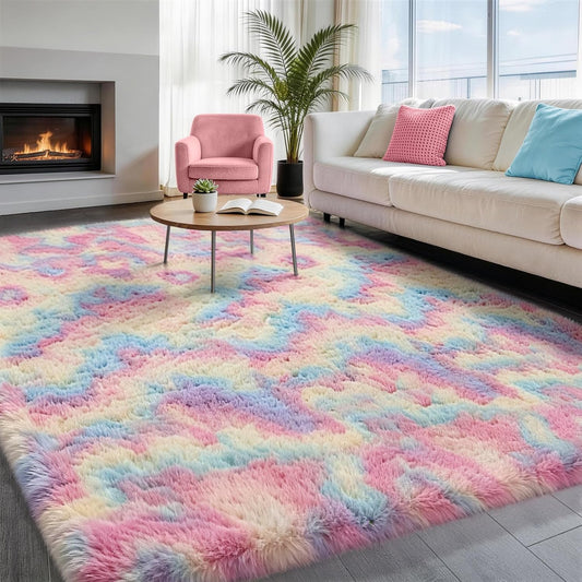 Ophanie Rainbow Rug - Colorful Fluffy Unicorn Shag Area Rug | Soft 4x6 Furry Carpet for Kids' Room