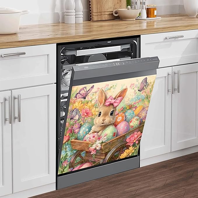 NYZE Easter Dishwasher Magnets Cover, Bunny Dishwasher Magnetic Sticker Decorative, Reusable Dish Washer Cover for Dishwashers (Bunny in Wagon)