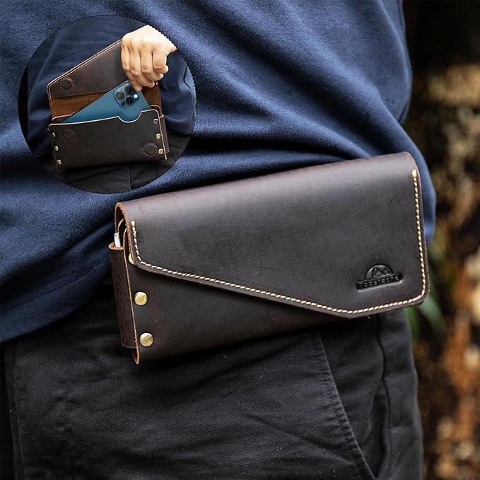 Topstache Belt Clip Leather Phone Holster with Card Holder for iPhone 17/16 Pro Max - Leather Belt Holder for Galaxy S25/S24 Ultra - Cell Phone Case Fit with Protective Case, XL,Darkbrown
