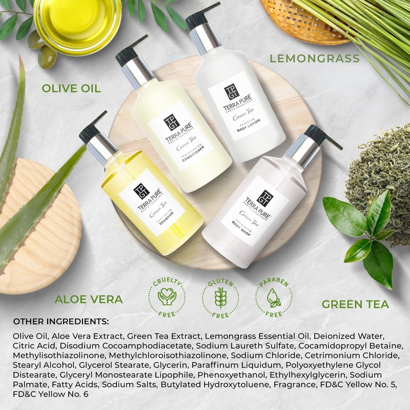 1-Shoppe Terra Pure Ecobox Amenities Kit | Green Tea Soap | Shampoo, Conditioner, Body Lotion, Body Wash | 10.14 oz | Hotel Toiletries Bulk