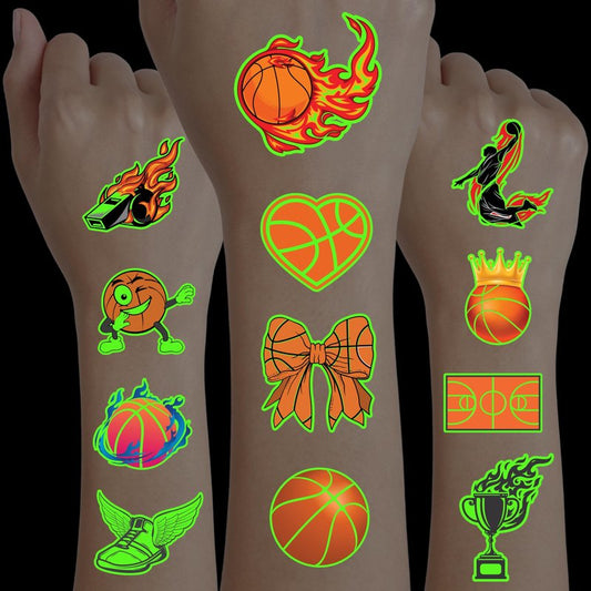 Basketball Temporary Pre - cut Tattoos - Olympic MVP Sports Game -Themed Stickers for Kids' Birthday Party Supplies, Decorations, Favors, and Prizes - Cute Gifts for Boys and Girls (Glow in the dark)