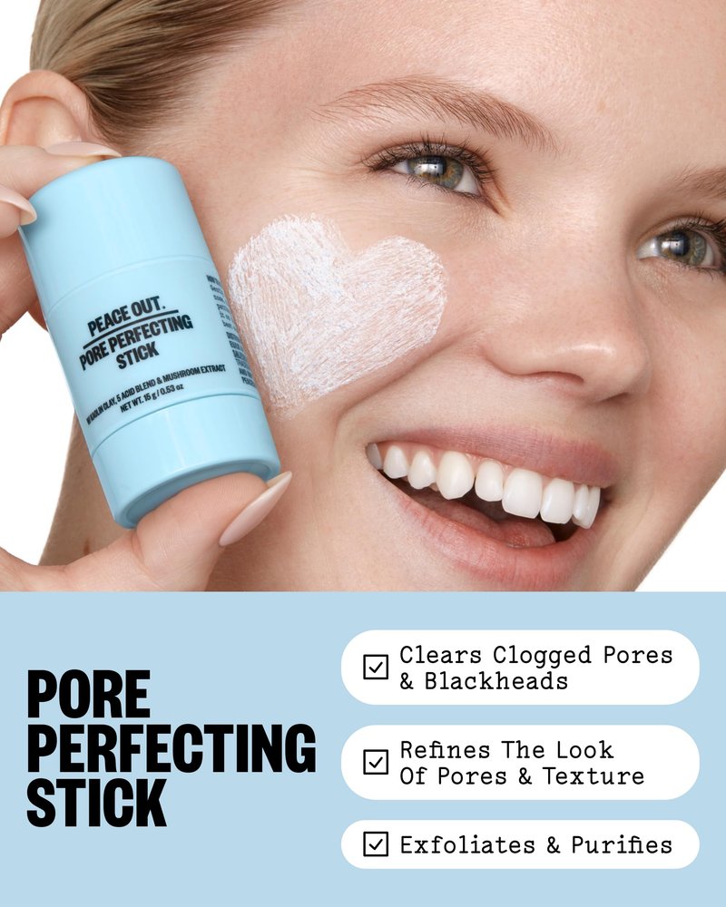 PEACE OUT Pore Perfecting Stick With Kaolin Clay to Clear Clogged Pores, Exfoliating Face Cleanser with Glycolic and Salicylic Acids, Draw Out Dirt & Oil (0.53 oz)