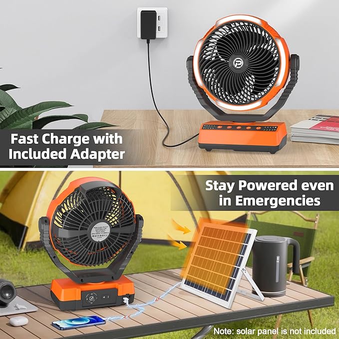 Camping Fan with Light - 20000mAh Rechargeable Battery Fan, 110Hrs Run Time, 4 Speeds, 8H Timers, 110° Auto Oscillation & 270° Pivot Tent Fan with Hook for Camping Power Outage, Hurricane(no adapter)