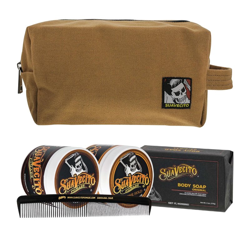 Suavecito Men's Hair Grooming Set OG & Firme (Strong) Hold Pomade, Body Soap, Large Deluxe Comb & Sand Canvas Bag