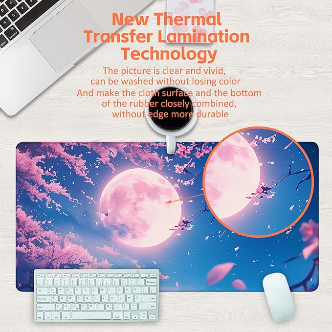 KOAIWPAE Large Gaming Mouse Pad for Desk, Falling Cherry Blossoms Desk Mat, Bright Full Moon Desk Pad, 31.5"x15.7" Extended Big Computer Keyboard Mouse Pad with Non-Slip Base and Stitched Edge