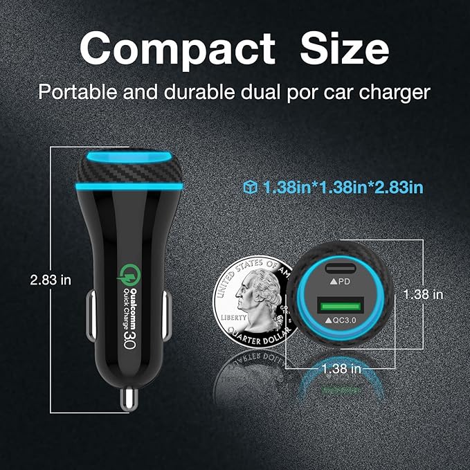 MOCA USB-C Car Charger, 51W USB-C & USB-A 2-Port PD/QC 3.0 Car Power Adapter W/ 2pcs 3.3ft A-P/C-P Cable Car Charger for iPhone 17/16/15 Series, Samsung Galaxy S25/S24/S23 Series, iPad Pro, AirPods