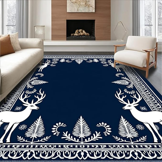 Flatwoven High Traffic Area Rug 4x6, Enchanted Forest December Shower Curtain Full Restroom Kit, Non Slip, Stain Resistant, Washable Area Rugs for Living Room, Bedroom (Blue, 4x6, Pad)