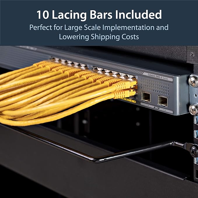 StarTech 10-Pack Horizontal Lacing Bar with 4in (10.2cm) Offset at 75 Degrees, Server Rack Cable Management, 19" Network Rack-Mount Cord Organizer, TAA