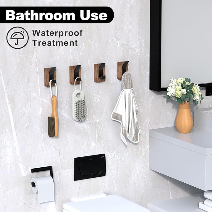 IURRDOP 4 PCS Black Walnut Wood Wall Hooks Adhesive Mounted & Wall Mounted Rustic Decorative Entryway Hooks Mid Century Modern Natural Wooden Pegs for Hanging Coat Clothes Hat Bag Purse and Towel