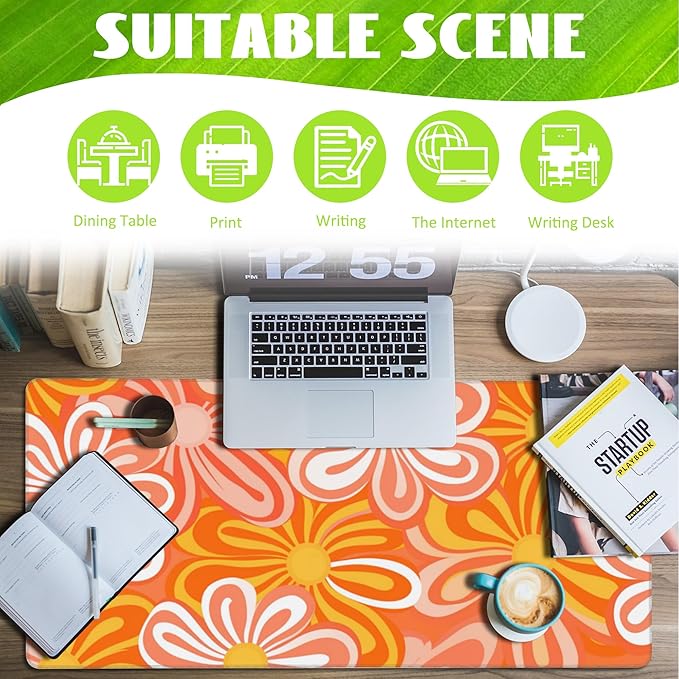 Eflxamz Desk Pad,Hippie Vintage Orange Flowers Desk Mat,Retro Floral Large Gaming Mouse Pad for Desk,Extended Big Computer Keyboard Mouse Pad with Non-Slip Base and Stitched Edge,35.4"x15.7"