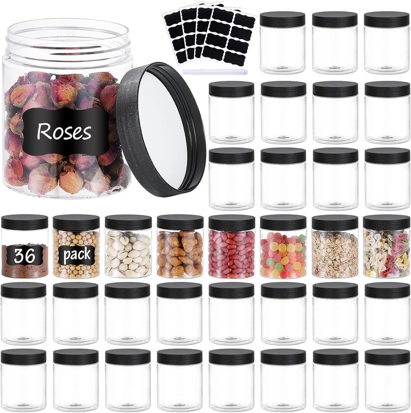 36PCS 8OZ Plastic Jars - Refillable Round Containers with Screw-On Lids for Food, Cream & Lotion | Black