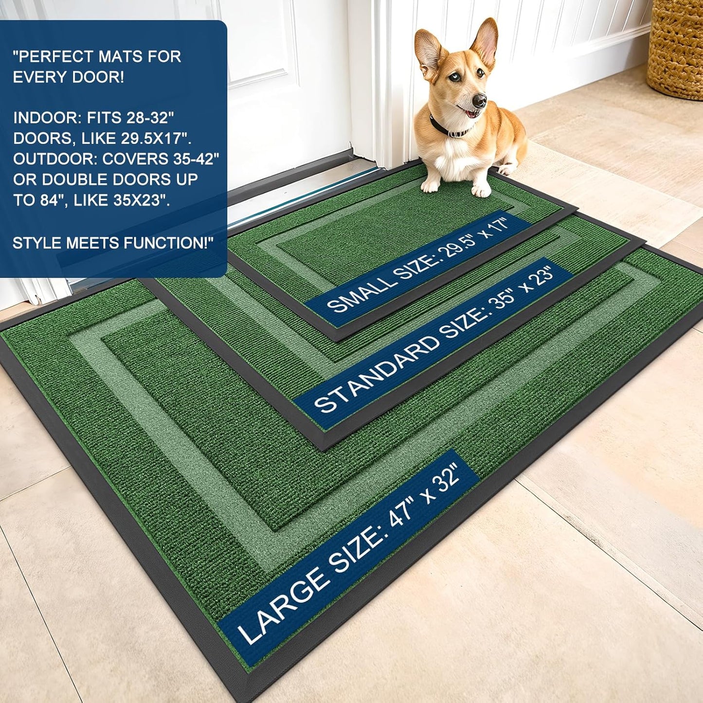OLANLY Indoor Outdoor Front Door Mat - Waterproof All-Season Doormat, Sturdy Natural Rubber, 59x35, Green