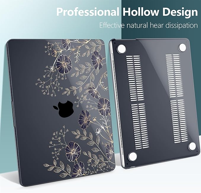 TWOLSKOO for MacBook Air 13 inch Case M5 2026 M4 2025 M3 M2 2024-2022 A3449 A3240 A3113 A2681, Plastic Hard Shell & Keyboard Cover & Type C for MacBook Air 13.6 inch Case, Golden Flowers