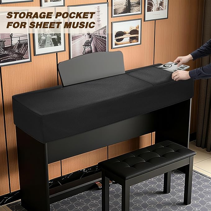 Explore Land 88 Keys Digital Piano Dust Cover with Music Stand Opening and Pockets - Waterproof Leatherette Electronic Keyboard Cover Fits for Most Piano(Black)