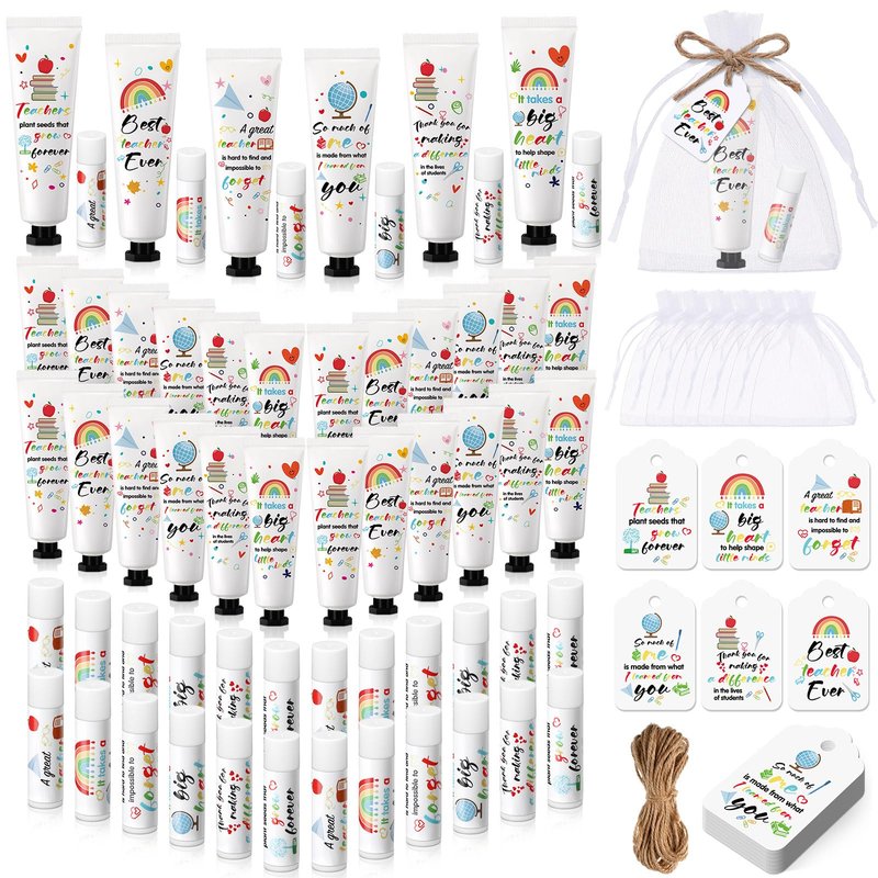 Dimsile 24 Set Appreciation Teacher Gifts Bulk Lip Balm Hand Cream Thank You Gift with Cards Organza Bags Travel Size Moisturizing Hand Lotion for Back to School Appreciation Teacher Gifts