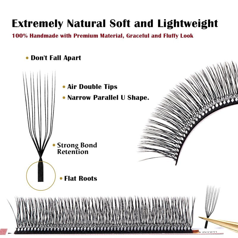 DeceMars 10D U Shaped Eyelash Extensions Easy Fans Double Tips 5D Russian Volume Crisscross Eyelashes Natural Soft YY Lash Extensions Handwoven Mesh Wispy Clusters Matte Black-0.07mm-D-8-15mm Mix
