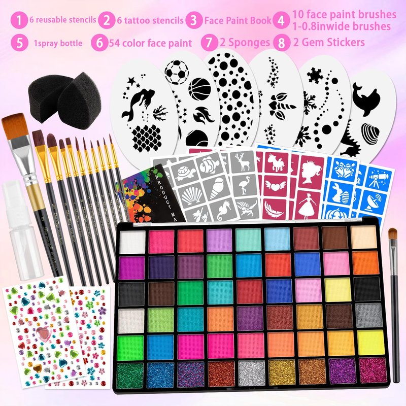 Face Painting Kit ,54 Colors Face Paint Makeup Kit,Non-Toxic Water Activated Facepaint Pallette with Brushes,Stencils,Sponge,Gems,For Halloween,Christmas Carnival, Party,cosplay ctc.