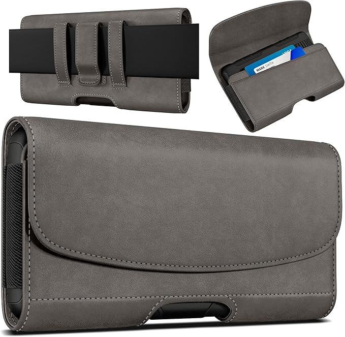 PiTau Holster for iPhone 17 & Pro 16 16pro 16e 15 15pro 14 14pro 13 13pro 12 12pro 11 11pro XR XS X, Samsung Galaxy S25 S24 S23 S22 S21, Cell Phone Belt Holder Clip Case, Men's ID Card Pouch, Pewter