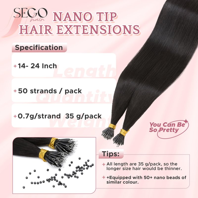 SEGO Nano Tip Hair Extensions Human Hair, Nano Beads Balayage Seamless Highlight Pre-bonded Extensions for Women, 0.7g/strand, 50 strands 35g/pack -18 Inch#01 Jet Black