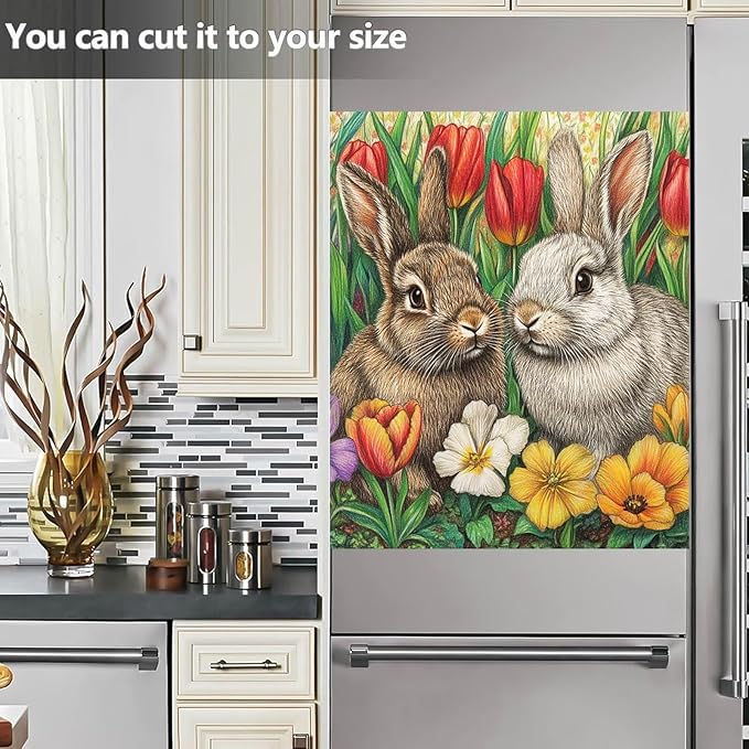 Two Rabbits Dishwasher Panel Decal Magnetic Cover Spring Colorful Flowers Home Appliance Decoration, Easter Bunny Dishwasher Magnet Full Door Cover, Easy Update (23" x 26" Magnetic)