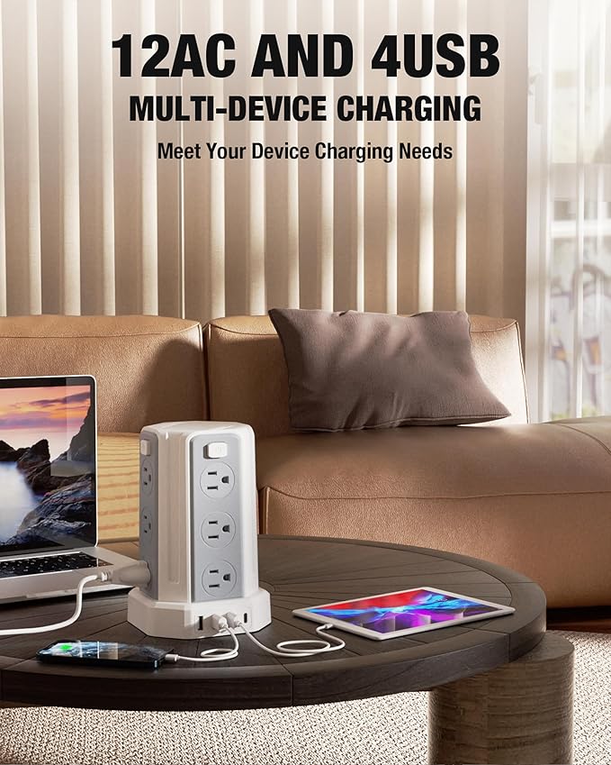 Power Strip Surge Protector, 10 Ft Extension Cord with 12 AC Multiple Outlets 4 USB (1 USB C), SMALLRT Power Tower Desktop Charging Station