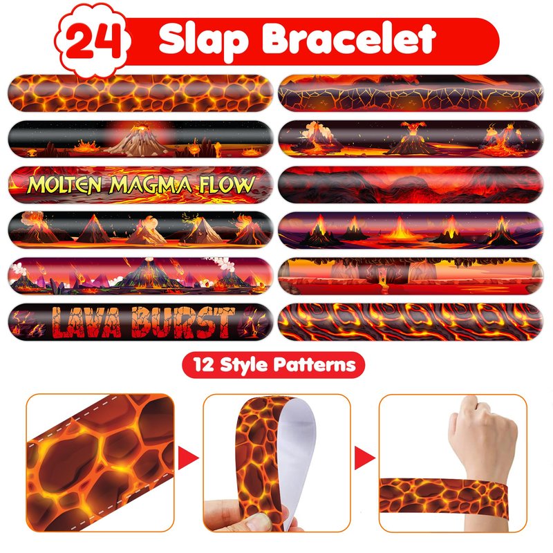 Cherisnowy 48PCS Volcano Party Set - 24PCS Temporary Tattoos & 24PCS Slap Bracelets - Fun Birthday Supplies, Baby Shower Gifts, Classroom Rewards & Volcano-Themed Decor for Kids (Boys & Girls)