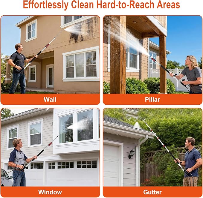 Telescoping Pressure Washer Wand 24 ft Power Washer Extension Wand Aluminum Pressure Washer Extension Wand 24 Feet with Brush Head, Gutter Cleaner, 7 Spray Nozzle Tips, 2 Hose Adapters, Support Belt
